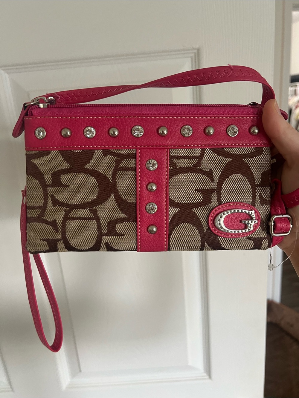 Guess Brown Signature Crossbody Wristlet with Hot Pink Trim